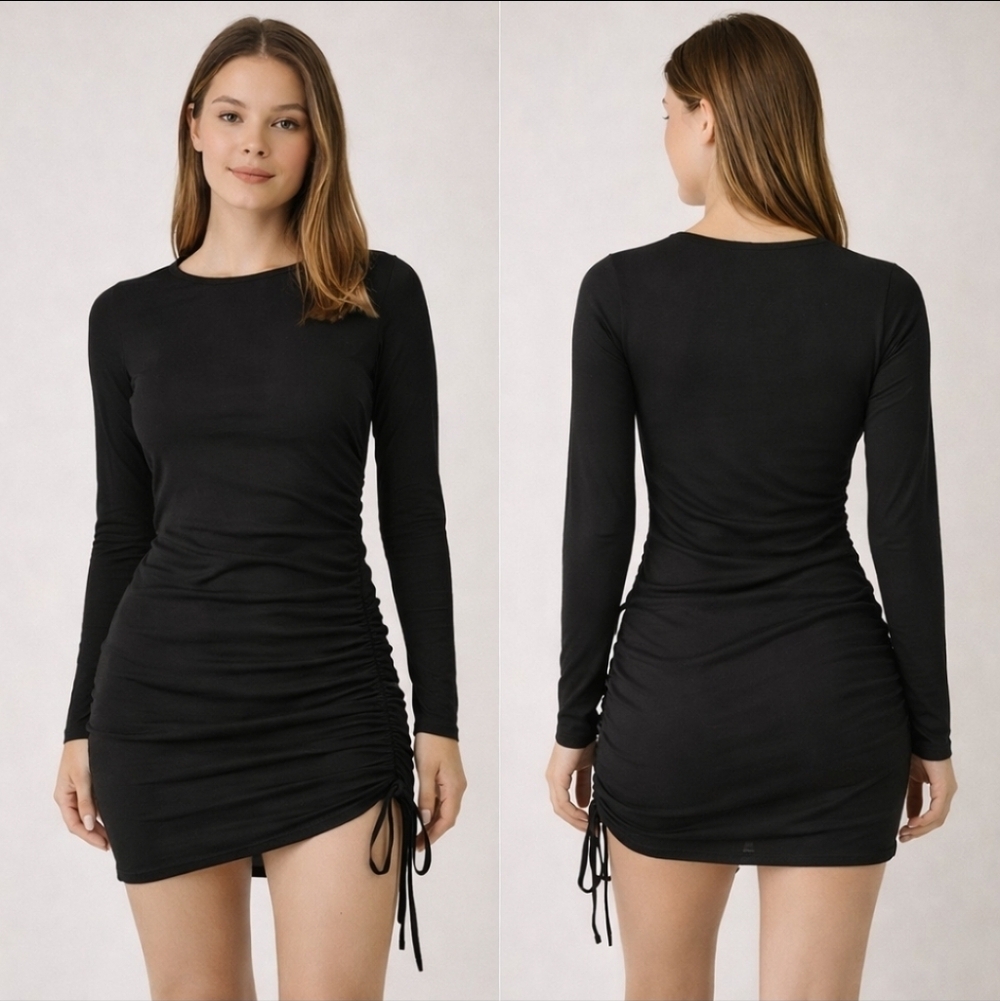 Black Ruched Side Bodycon Mini Dress Long Sleeve Adjustable Drawstring Autumn